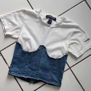 Maniere De Voir White and Blue Short Sleeve Tee with Denim Bustier